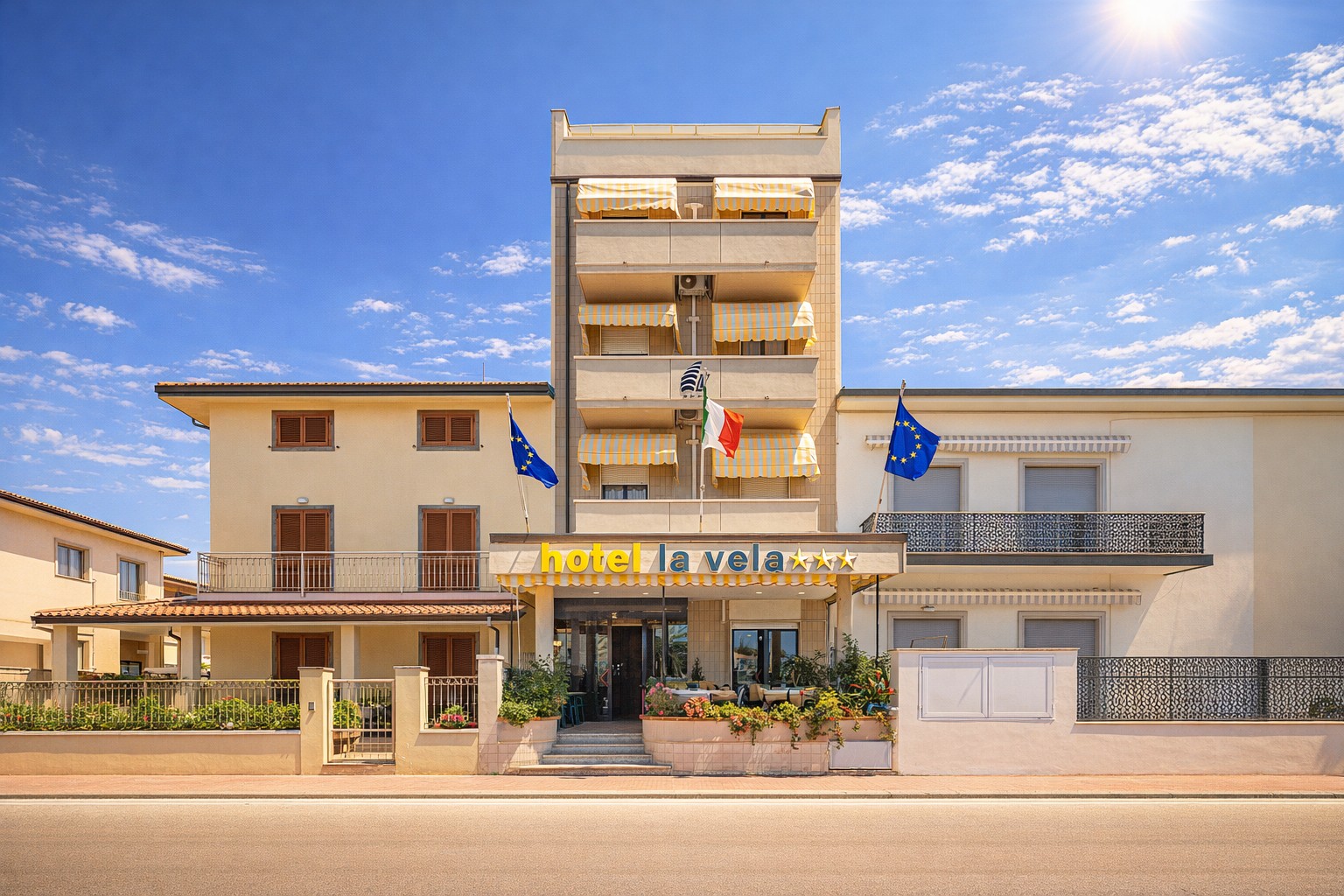 The facade of Hotel La Vela on the Lido di Camaiore seafront